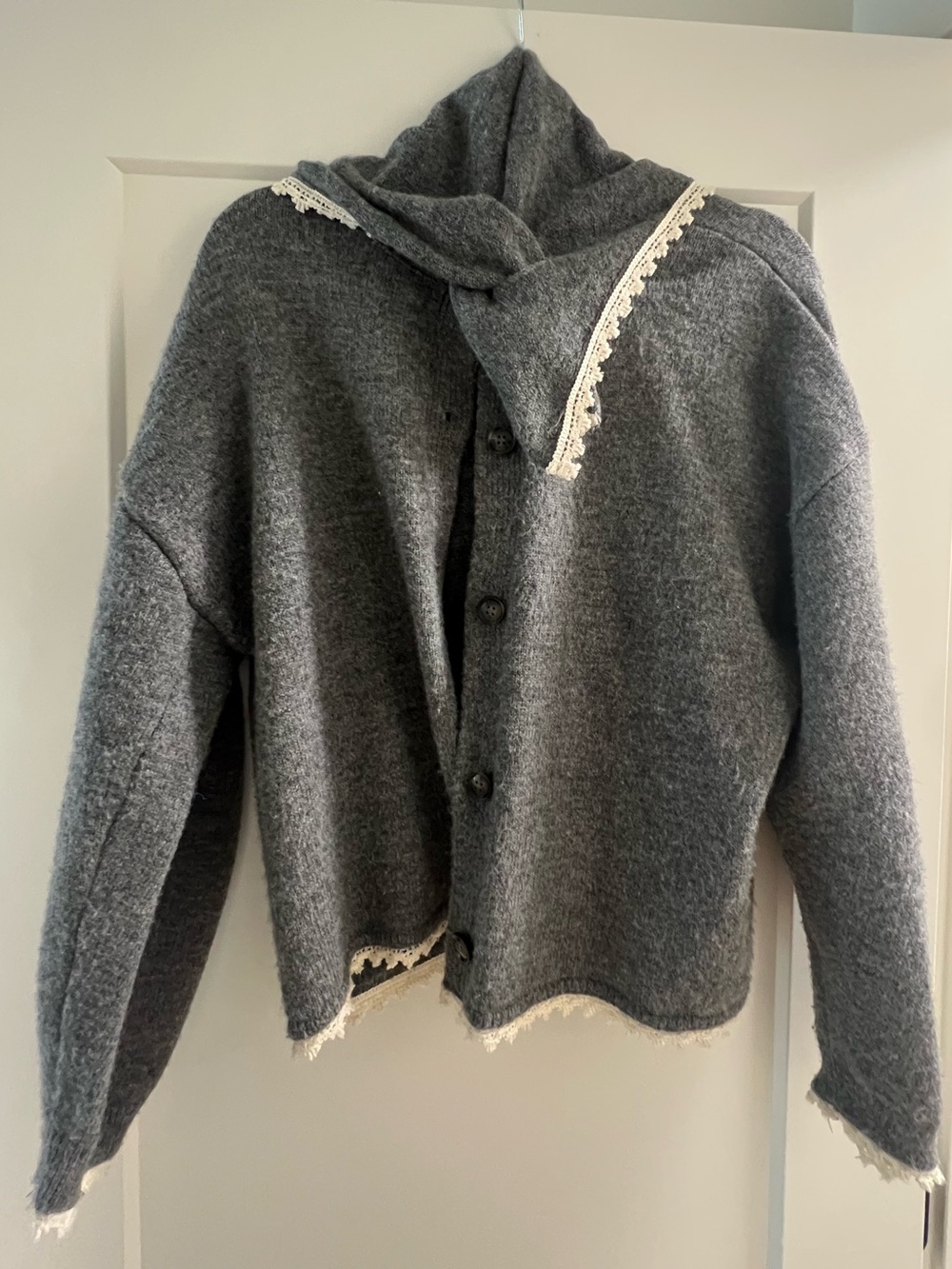 ZARA Grey Button Up Cardigan with Detachable Scarf Bandana Lace Cardigan - Picture 2 of 5